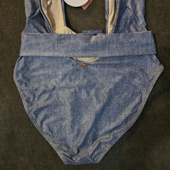PQ Swim women denim Belted Alex Crossover Halter One Piece Swimsuit Size Medium - Picture 9 of 11